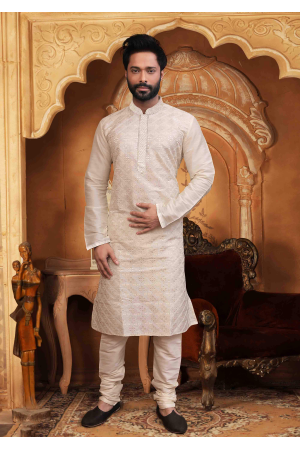 Off White Color Silk Kurta Set